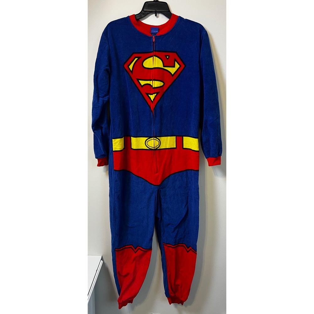 Superman Fleece One Piece Pajamas Jumpsuit Adult Medium‎ Blue Red Yellow Cosplay